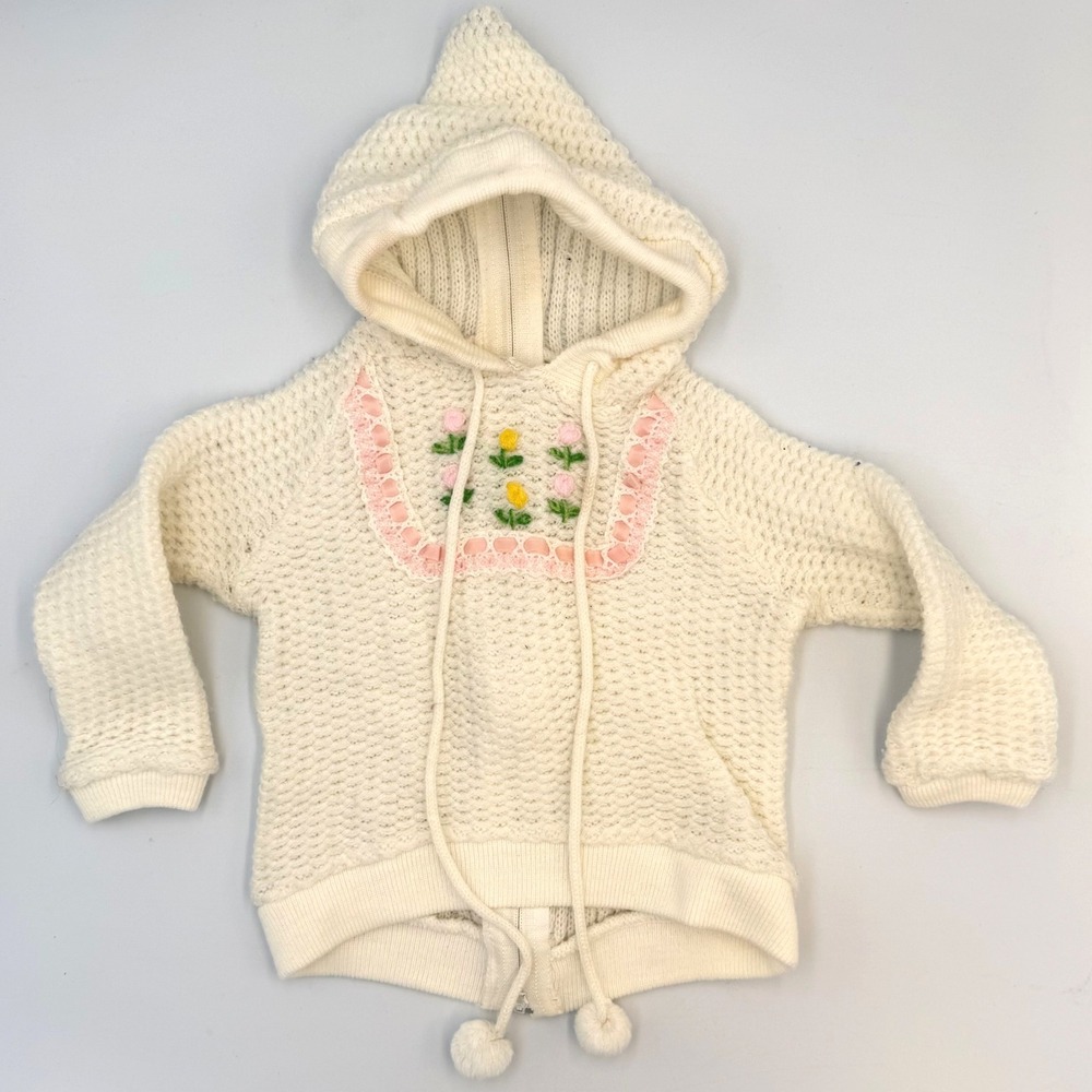 Vtg 70s Baby Hoodie – Satisfaction Always Japan Waffle Knit Pom Pom Floral 6–12M